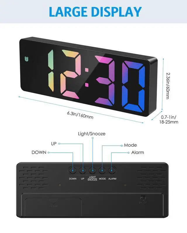Alt view image 4 of 7 - Digital Alarm Clock Large Display, LED Alarm for Bedroom, USB/Battery Powered Bedside Alarm Clock with Snooze, 12/24H, 3 Adjustable Brightness, Temperature, Desk Clock for Home, Office, Colorful