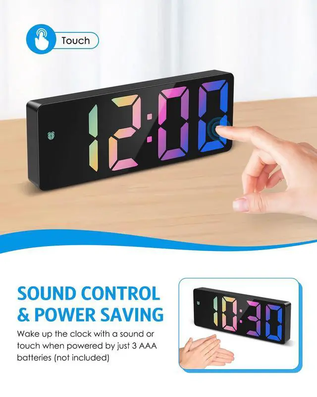 Alt view image 5 of 7 - Digital Alarm Clock Large Display, LED Alarm for Bedroom, USB/Battery Powered Bedside Alarm Clock with Snooze, 12/24H, 3 Adjustable Brightness, Temperature, Desk Clock for Home, Office, Colorful