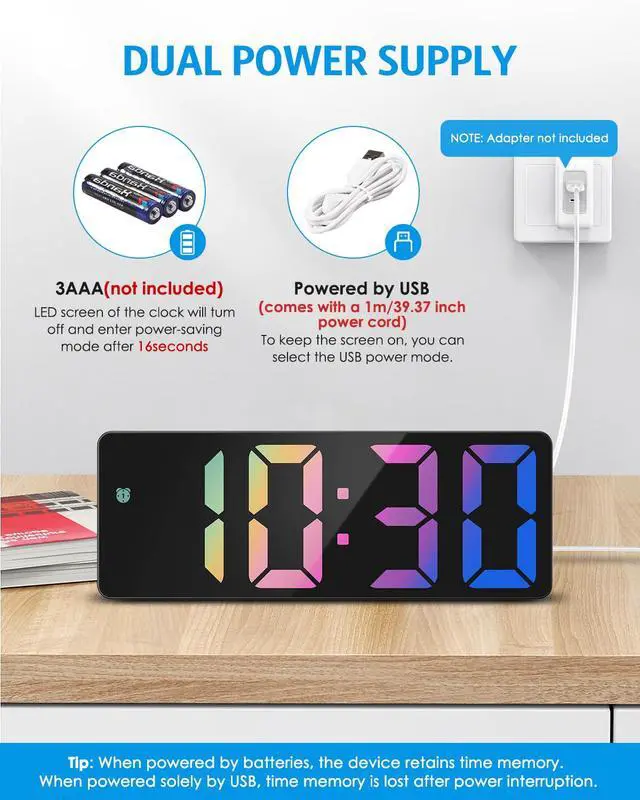 Alt view image 6 of 7 - Digital Alarm Clock Large Display, LED Alarm for Bedroom, USB/Battery Powered Bedside Alarm Clock with Snooze, 12/24H, 3 Adjustable Brightness, Temperature, Desk Clock for Home, Office, Colorful