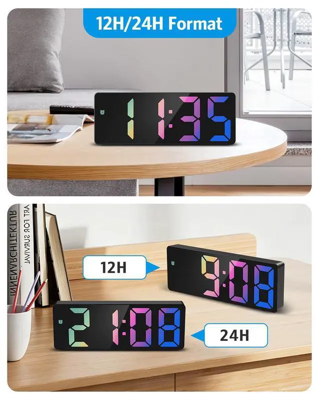 Alt view image 7 of 7 - Digital Alarm Clock Large Display, LED Alarm for Bedroom, USB/Battery Powered Bedside Alarm Clock with Snooze, 12/24H, 3 Adjustable Brightness, Temperature, Desk Clock for Home, Office, Colorful