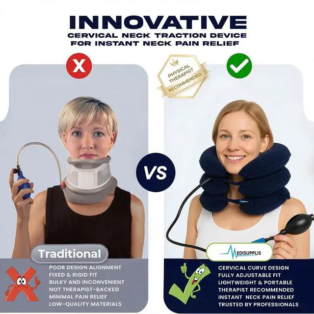 Alt view image 6 of 7 - Neck Stretcher, Cervical Traction Device, Neck Traction Device for Neck Pain Relief, Adjustable Inflatable Neck Stretcher Cervical Traction and Neck Brace, Neck Decompression Home Use (Blue)