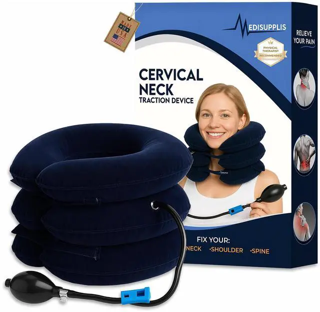Main image of Neck Stretcher, Cervical Traction Device, Neck Traction Device for Neck Pain Relief, Adjustable Inflatable Neck Stretcher Cervical Traction and Neck Brace, Neck Decompression Home Use (Blue)