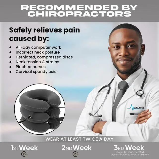Alt view image 4 of 7 - Neck Stretcher, Cervical Traction Device, Neck Traction Device for Neck Pain Relief, Adjustable Inflatable Neck Stretcher Cervical Traction and Neck Brace, Neck Decompression Home Use (Gray)