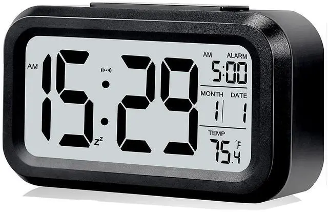 Main image of Digital Alarm Clock with LCD Display, Desk Smart Electronic Small Clock with Indoor Temperature, Date, Light Sensor, Backlight, Battery Operated, for Home Bedroom Kids Office (Black)