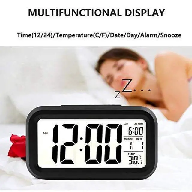 Alt view image 4 of 7 - Digital Alarm Clock with LCD Display, Desk Smart Electronic Small Clock with Indoor Temperature, Date, Light Sensor, Backlight, Battery Operated, for Home Bedroom Kids Office (Black)