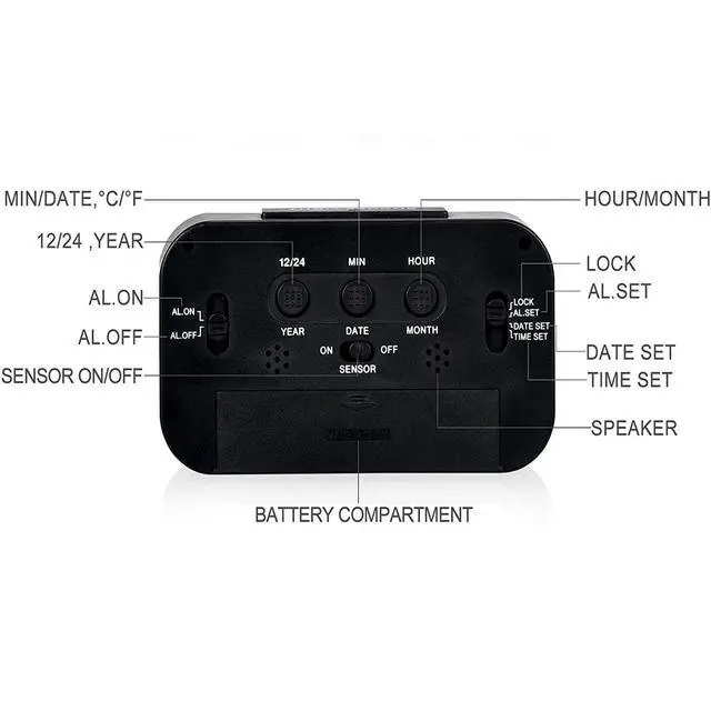 Alt view image 3 of 7 - Digital Alarm Clock with LCD Display, Desk Smart Electronic Small Clock with Indoor Temperature, Date, Light Sensor, Backlight, Battery Operated, for Home Bedroom Kids Office (Black)