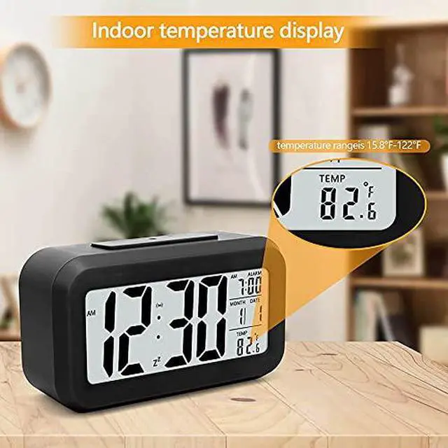 Alt view image 5 of 7 - Digital Alarm Clock with LCD Display, Desk Smart Electronic Small Clock with Indoor Temperature, Date, Light Sensor, Backlight, Battery Operated, for Home Bedroom Kids Office (Black)
