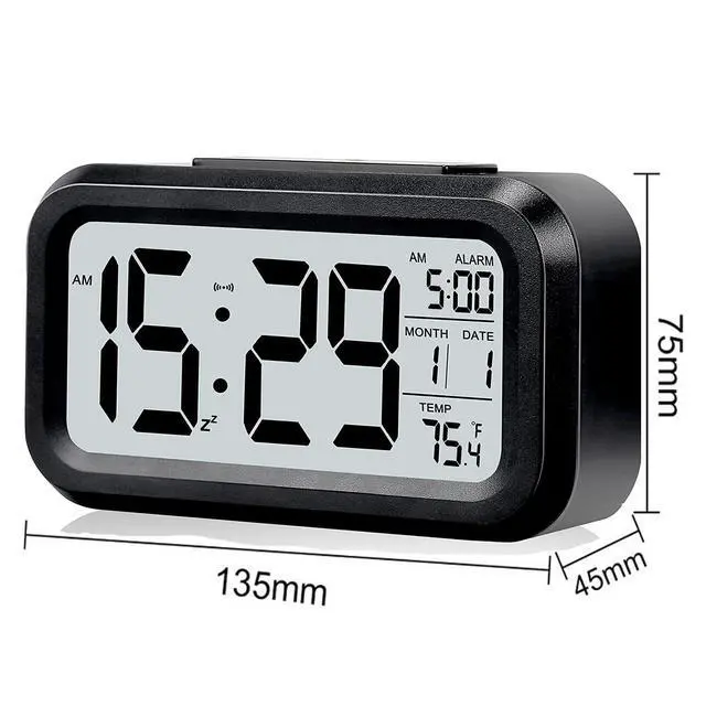 Alt view image 2 of 7 - Digital Alarm Clock with LCD Display, Desk Smart Electronic Small Clock with Indoor Temperature, Date, Light Sensor, Backlight, Battery Operated, for Home Bedroom Kids Office (Black)