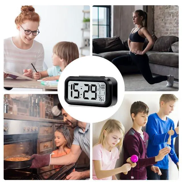 Alt view image 7 of 7 - Digital Alarm Clock with LCD Display, Desk Smart Electronic Small Clock with Indoor Temperature, Date, Light Sensor, Backlight, Battery Operated, for Home Bedroom Kids Office (Black)