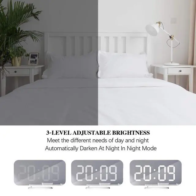 Alt view image 3 of 7 - White Digital Alarm Clock for Bedrooms, Small Desk Table Bedside Nightstand Cute Decorative LED Mirror Clock for Home Room Office Vanity, USB Charger