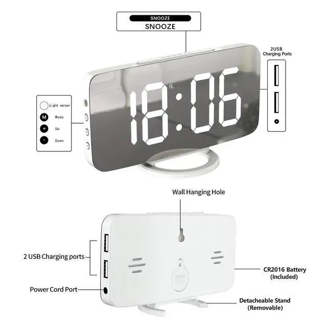 Alt view image 4 of 7 - White Digital Alarm Clock for Bedrooms, Small Desk Table Bedside Nightstand Cute Decorative LED Mirror Clock for Home Room Office Vanity, USB Charger