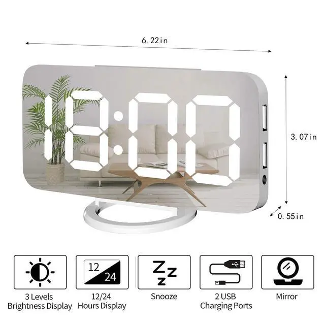 Alt view image 5 of 7 - White Digital Alarm Clock for Bedrooms, Small Desk Table Bedside Nightstand Cute Decorative LED Mirror Clock for Home Room Office Vanity, USB Charger