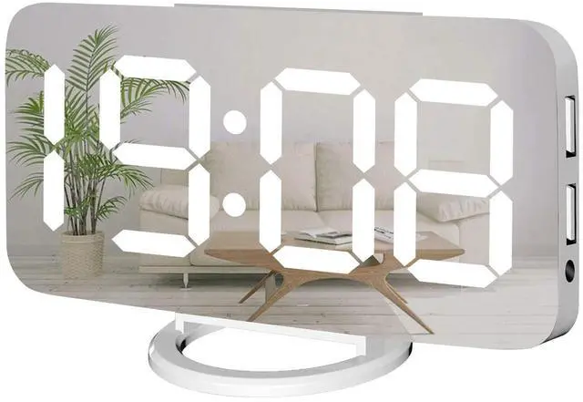 Main image of White Digital Alarm Clock for Bedrooms, Small Desk Table Bedside Nightstand Cute Decorative LED Mirror Clock for Home Room Office Vanity, USB Charger