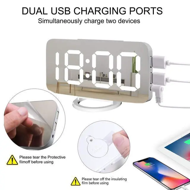 Alt view image 6 of 7 - White Digital Alarm Clock for Bedrooms, Small Desk Table Bedside Nightstand Cute Decorative LED Mirror Clock for Home Room Office Vanity, USB Charger