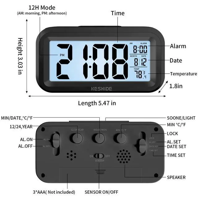 Alt view image 2 of 7 - Digital Alarm Clock Battery Operated with Indoor Temperature, Desk Small Clock,Snooze Model,12/24H Display for Bedrooms Heavy Sleepers Kids Travel Bathroom (Black)