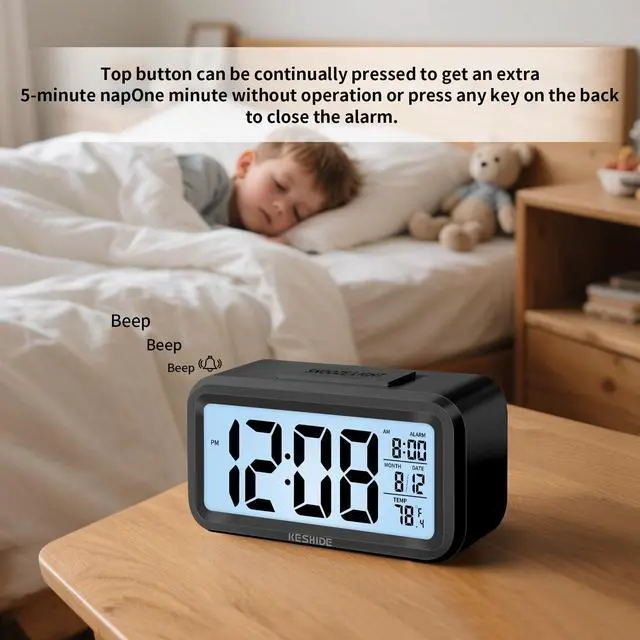 Alt view image 3 of 7 - Digital Alarm Clock Battery Operated with Indoor Temperature, Desk Small Clock,Snooze Model,12/24H Display for Bedrooms Heavy Sleepers Kids Travel Bathroom (Black)