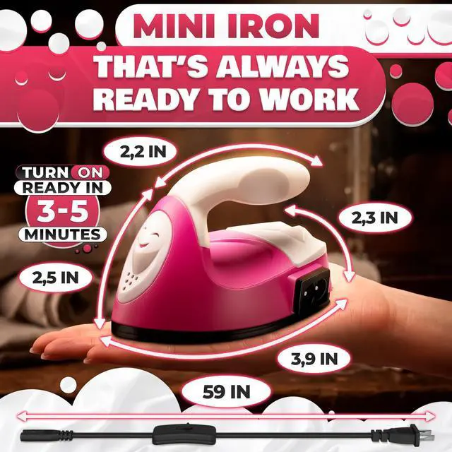 Alt view image 2 of 7 - Mini Iron for Crafting 2.5" x 3.9" Cute Mini Craft Iron for Patches, Sewing, Quilting with Quick Heat-Up Ceramic Plate & 59" Cord Designed for Ironing Patches, Bling, and Small Craft Projects