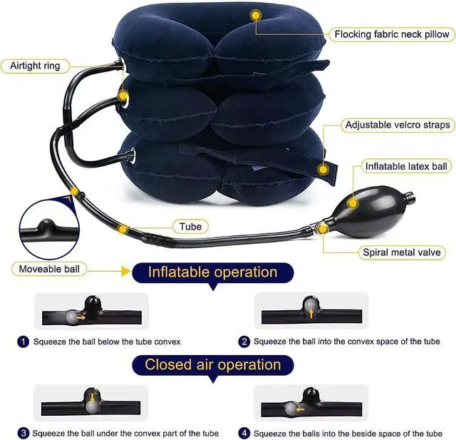 Alt view image 2 of 6 - Neck Stretcher, Cervical Traction Device, Neck Traction Device for Neck Pain Relief, Adjustable Inflatable Neck Stretcher Cervical Traction and Neck Brace, Neck Decompression Home Use (Blue)