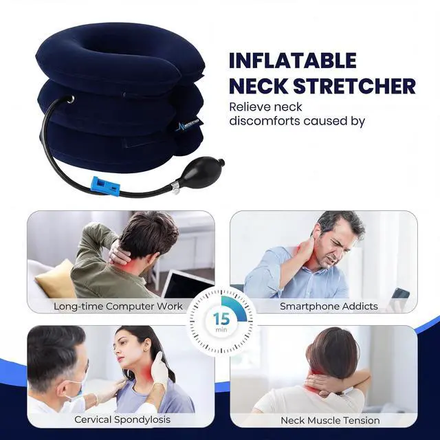Alt view image 2 of 7 - Neck Stretcher, Cervical Traction Device, Neck Traction Device for Neck Pain Relief, Adjustable Inflatable Neck Stretcher Cervical Traction and Neck Brace, Neck Decompression Home Use (Blue)