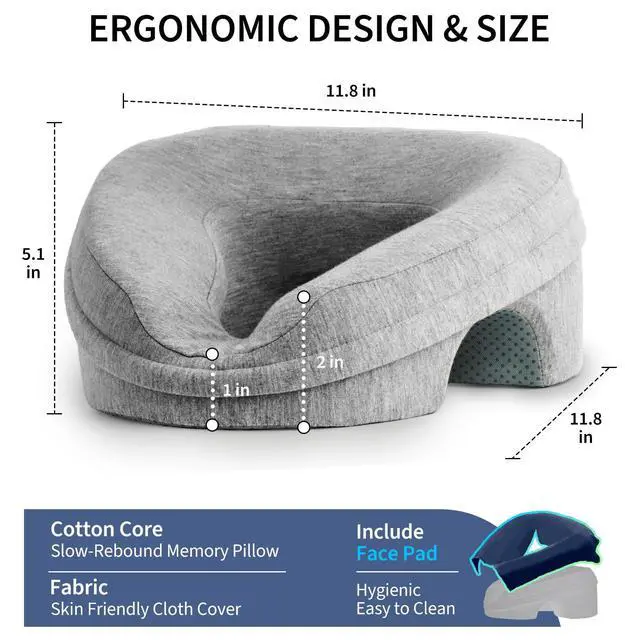 Alt view image 2 of 7 - Face Down Pillow for Massage Table, Massage Headrest for Bed, Stomach Sleeping Pillow with Face Cradle Pad, BBL Pillows After Post Eye Surgery Recovery, Massage Pillow with Removable Cover Grey