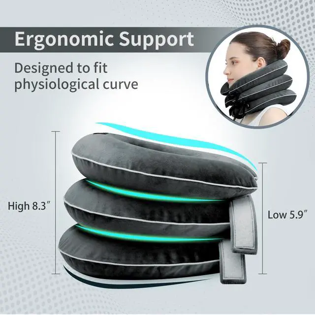 Alt view image 4 of 7 - Cervical Neck Traction Device for Neck Pain Relief - Inflatable Neck Stretcher Collar for Decompression - Best Home Use Neck Brace Pump (Black Plush)
