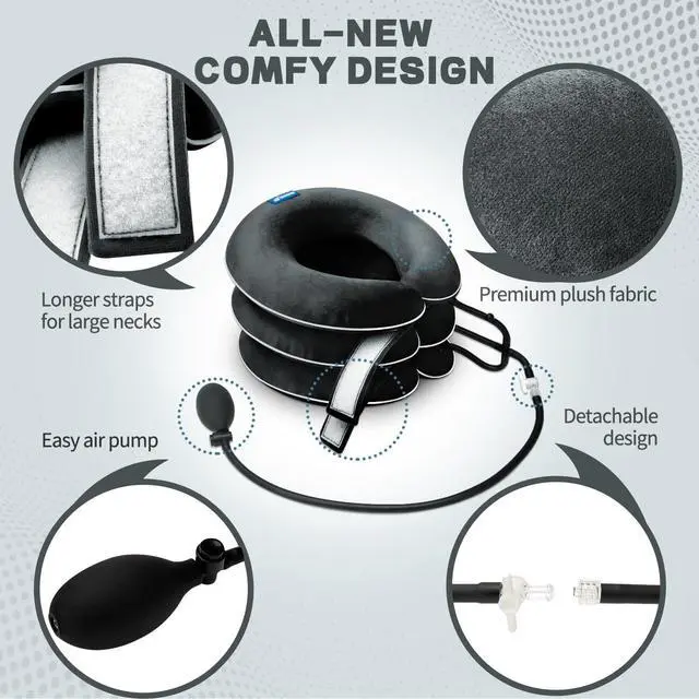 Alt view image 3 of 7 - Cervical Neck Traction Device for Neck Pain Relief - Inflatable Neck Stretcher Collar for Decompression - Best Home Use Neck Brace Pump (Black Plush)
