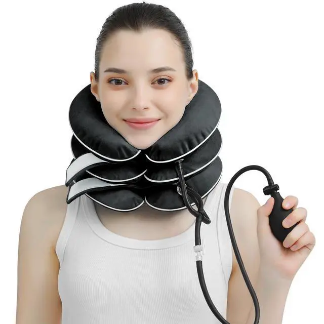 Alt view image 6 of 7 - Cervical Neck Traction Device for Neck Pain Relief - Inflatable Neck Stretcher Collar for Decompression - Best Home Use Neck Brace Pump (Black Plush)