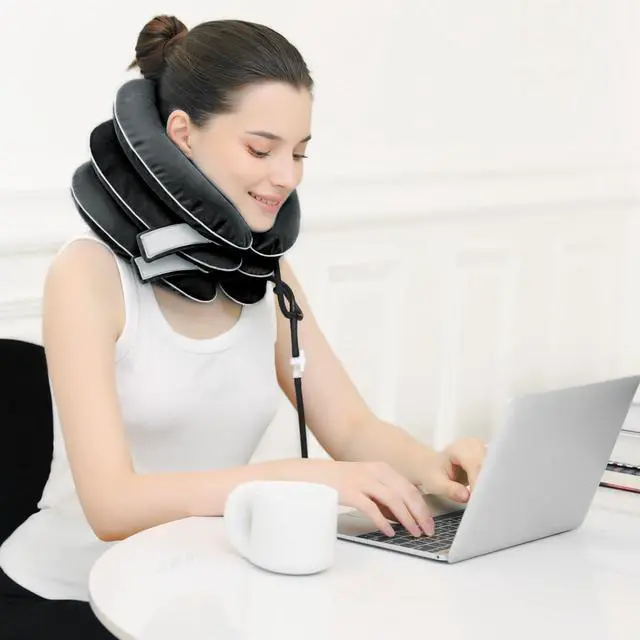 Alt view image 7 of 7 - Cervical Neck Traction Device for Neck Pain Relief - Inflatable Neck Stretcher Collar for Decompression - Best Home Use Neck Brace Pump (Black Plush)