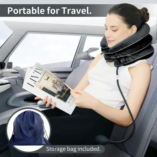 Alt view image 5 of 7 - Cervical Neck Traction Device for Neck Pain Relief - Inflatable Neck Stretcher Collar for Decompression - Best Home Use Neck Brace Pump (Black Plush)