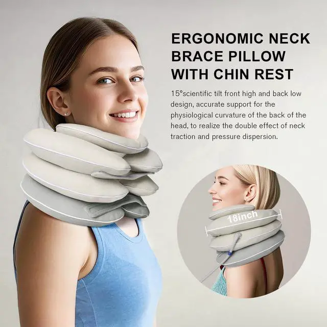 Alt view image 3 of 7 - Neck Stretcher with Brace - Inflatable Cervical Traction Device for Neck Pain Relief, Adjustable Neck Support Pillow and Decompression Tool with 3+1 Chin Rest, Portable for Home, Office & Travel Use