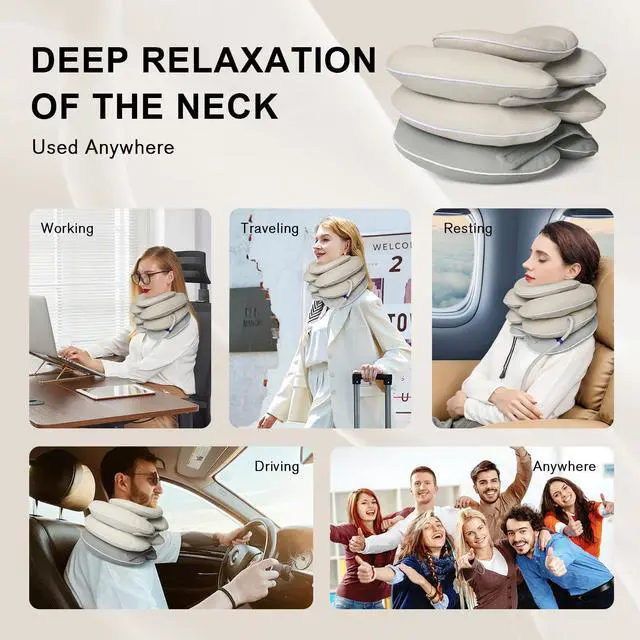 Alt view image 5 of 7 - Neck Stretcher with Brace - Inflatable Cervical Traction Device for Neck Pain Relief, Adjustable Neck Support Pillow and Decompression Tool with 3+1 Chin Rest, Portable for Home, Office & Travel Use