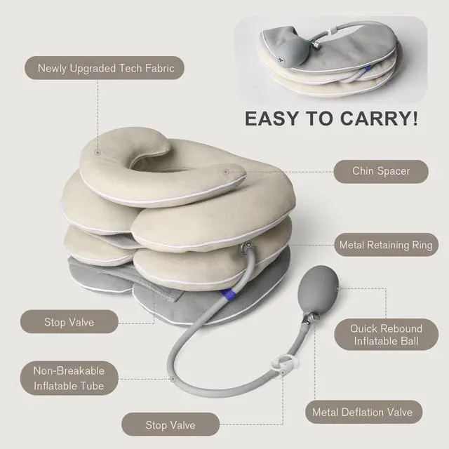 Alt view image 6 of 7 - Neck Stretcher with Brace - Inflatable Cervical Traction Device for Neck Pain Relief, Adjustable Neck Support Pillow and Decompression Tool with 3+1 Chin Rest, Portable for Home, Office & Travel Use