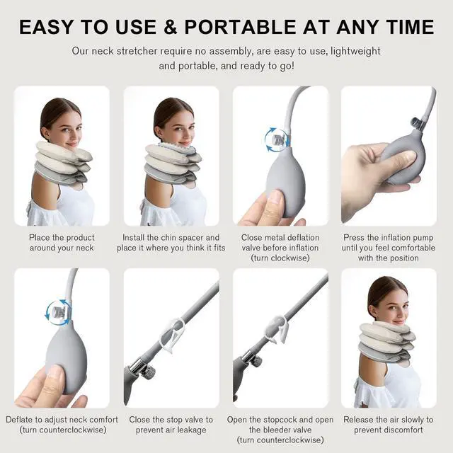 Alt view image 7 of 7 - Neck Stretcher with Brace - Inflatable Cervical Traction Device for Neck Pain Relief, Adjustable Neck Support Pillow and Decompression Tool with 3+1 Chin Rest, Portable for Home, Office & Travel Use