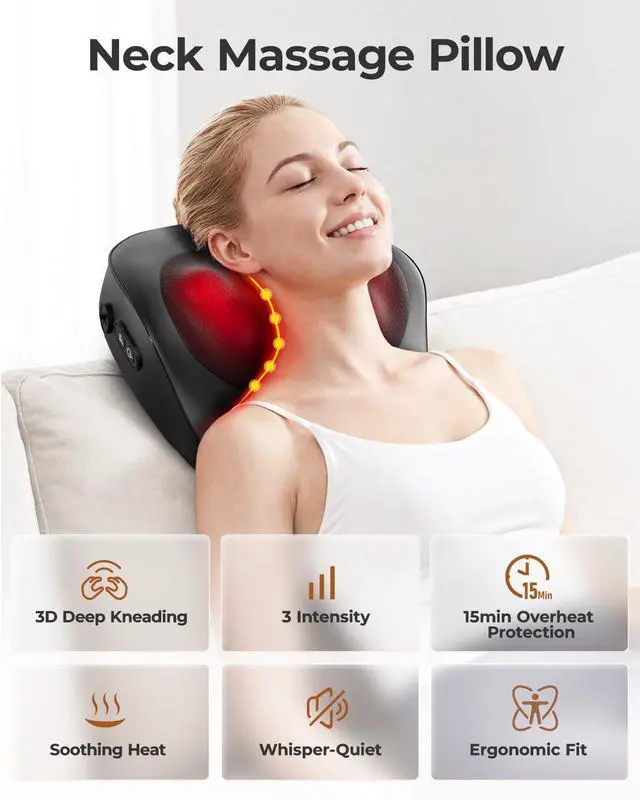Alt view image 3 of 7 - Electric Neck Massager Pillow, Ultra-Quiet Corded Neck and Shoulder Massager with Heat, Portable 3D Kneading for Shoulder, Leg & Calf Muscle Pain Relief, Relaxing Gift for Men & Women