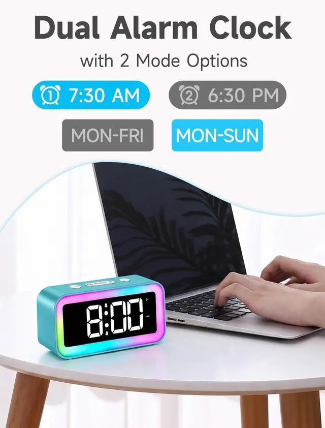 Alt view image 4 of 6 - Loud Alarm Clock for Bedrooms with Dynamic RGB Night Light,Heavy Sleepers Adults,Dual Alarm,Dimmer,USB Charger,Small Bedside Digital Clock with Led Display for Kids,Teens,Seniors (Blue)