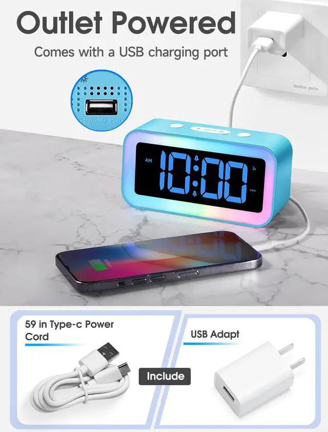 Alt view image 6 of 6 - Loud Alarm Clock for Bedrooms with Dynamic RGB Night Light,Heavy Sleepers Adults,Dual Alarm,Dimmer,USB Charger,Small Bedside Digital Clock with Led Display for Kids,Teens,Seniors (Blue)
