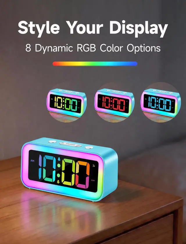Alt view image 3 of 6 - Loud Alarm Clock for Bedrooms with Dynamic RGB Night Light,Heavy Sleepers Adults,Dual Alarm,Dimmer,USB Charger,Small Bedside Digital Clock with Led Display for Kids,Teens,Seniors (Blue)