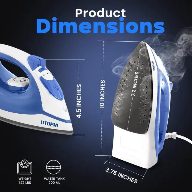 Alt view image 2 of 7 - Steam Iron for Clothes - Non-Stick Soleplate - 1200W Clothes Iron - Textile Iron 2.3 meter Long Cord Adjustable Thermostat Control, Overheat Safety Protection & Variable Steam Control Blue