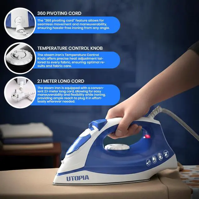 Alt view image 4 of 7 - Steam Iron for Clothes - Non-Stick Soleplate - 1200W Clothes Iron - Textile Iron 2.3 meter Long Cord Adjustable Thermostat Control, Overheat Safety Protection & Variable Steam Control Blue