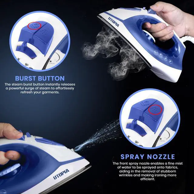 Alt view image 5 of 7 - Steam Iron for Clothes - Non-Stick Soleplate - 1200W Clothes Iron - Textile Iron 2.3 meter Long Cord Adjustable Thermostat Control, Overheat Safety Protection & Variable Steam Control Blue