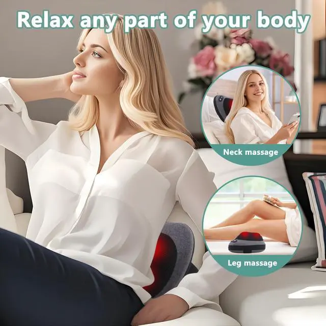 Alt view image 4 of 7 - Shiatsu Neck and Back Massager with Heat - Deep Tissue Massage Pillow for Neck, Back & Shoulders Pain Relief, Ergonomic Design Electric Massager for Home, Car, Office Use, Gray