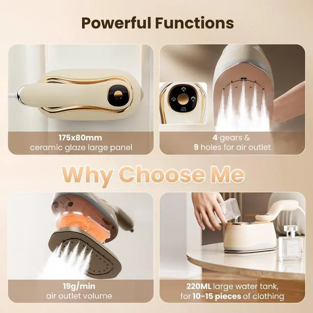 Alt view image 3 of 7 - Portable Clothes Steamer 175x80mm Ceramic Glaze Panel Iron LCD 220ml Water Tank 1200W&15s Fast Heat Up 4-speed Steamer for Clothes of all Fabrics Dry&Wet Iron for Home Travel Business Trip