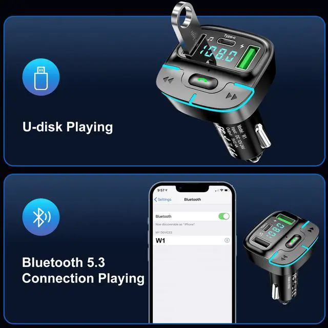 Alt view image 2 of 7 - Bluetooth Car Adapter, Wireless Radio Adapter USB C Car Charger MP3 FM Transmitter, Support U Disk/Hands Free Calling