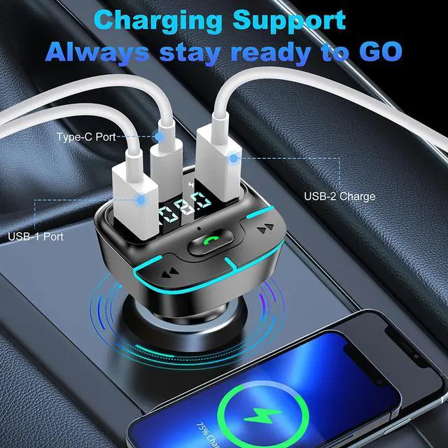 Alt view image 4 of 7 - Bluetooth Car Adapter, Wireless Radio Adapter USB C Car Charger MP3 FM Transmitter, Support U Disk/Hands Free Calling