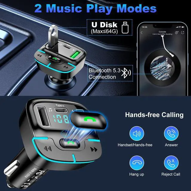 Alt view image 6 of 7 - Bluetooth Car Adapter, Wireless Radio Adapter USB C Car Charger MP3 FM Transmitter, Support U Disk/Hands Free Calling
