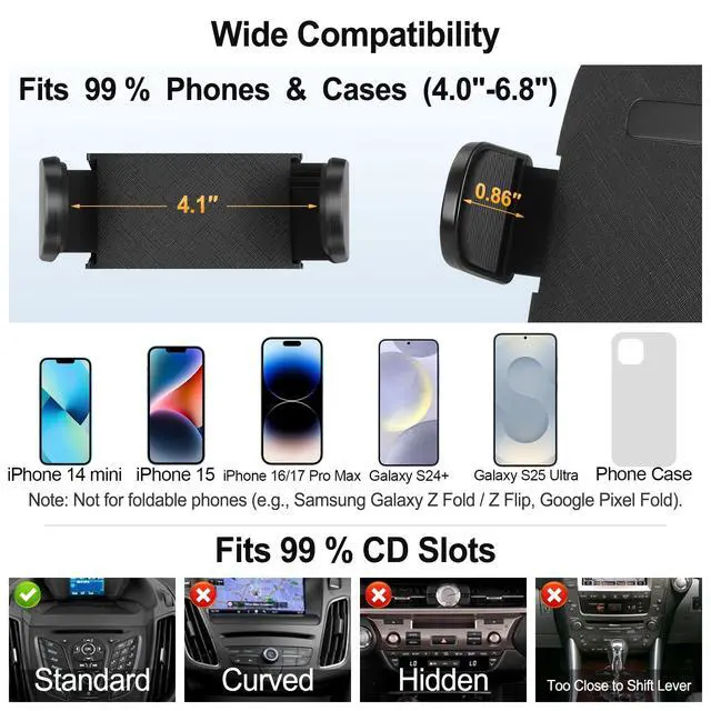 Alt view image 6 of 7 - Shock-Resistant CD Slot Phone Holder for Car, CD Player Phone Mount with Adjustable Clamp, 360° Rotation, Non-Slip, Single-Button Release, Heat-Resistant, Universally Compatible with iPhone & Samsung