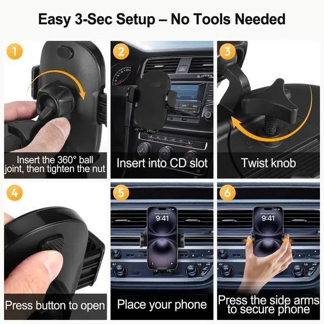 Alt view image 7 of 7 - Shock-Resistant CD Slot Phone Holder for Car, CD Player Phone Mount with Adjustable Clamp, 360° Rotation, Non-Slip, Single-Button Release, Heat-Resistant, Universally Compatible with iPhone & Samsung