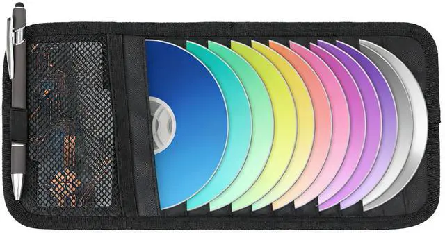Main image of 1 Pcs Car CD Holder, Car Sun Visor Storage DVD Disc Holders Pocket Case Organizer with 12 DVD Storage Sleeves, one Mesh Pocket, one Pen Holder, and Elastic Strap (Black)