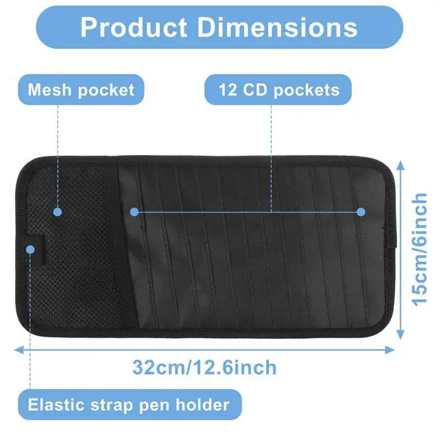 Alt view image 2 of 7 - 1 Pcs Car CD Holder, Car Sun Visor Storage DVD Disc Holders Pocket Case Organizer with 12 DVD Storage Sleeves, one Mesh Pocket, one Pen Holder, and Elastic Strap (Black)