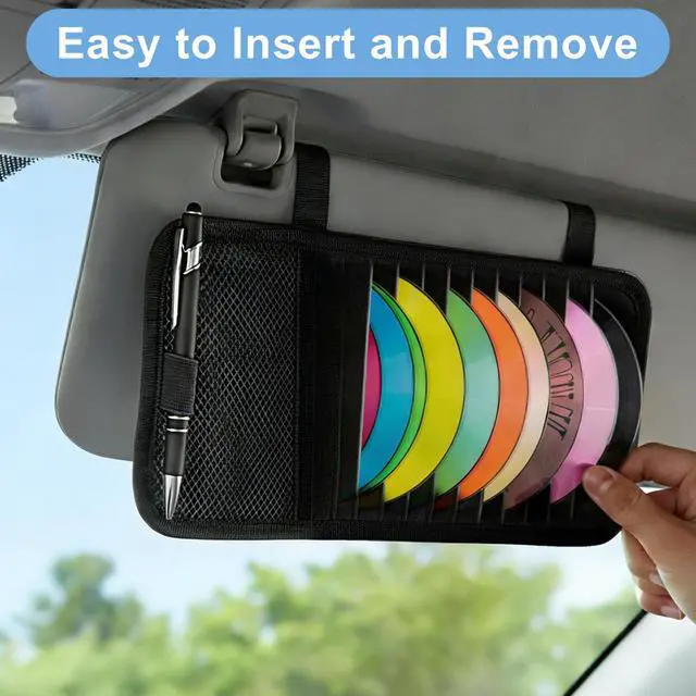 Alt view image 5 of 7 - 1 Pcs Car CD Holder, Car Sun Visor Storage DVD Disc Holders Pocket Case Organizer with 12 DVD Storage Sleeves, one Mesh Pocket, one Pen Holder, and Elastic Strap (Black)
